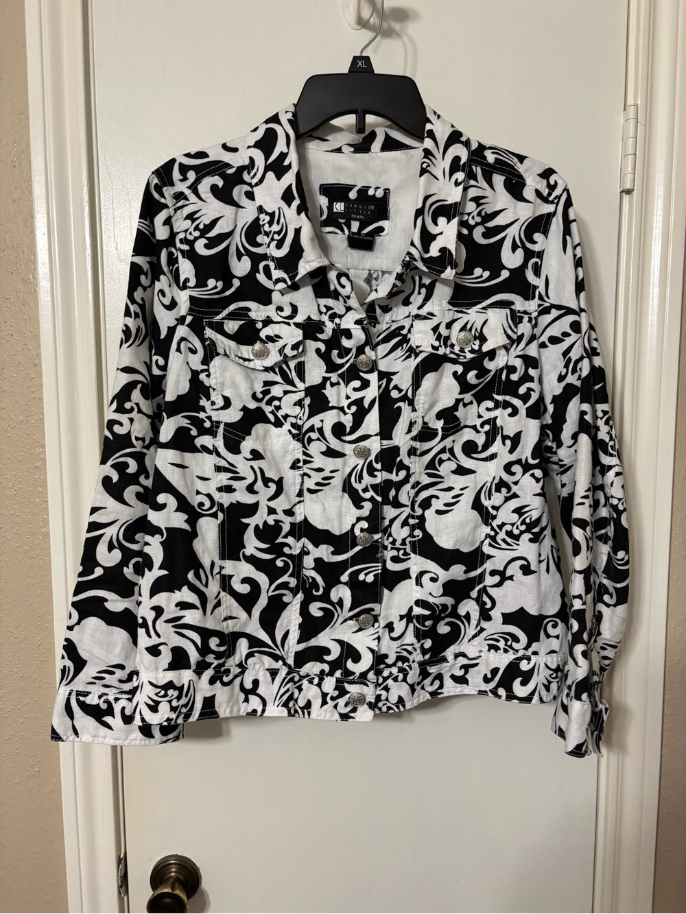 Carole Little Black and White Printed Button-Front Linen Jacket - 1X